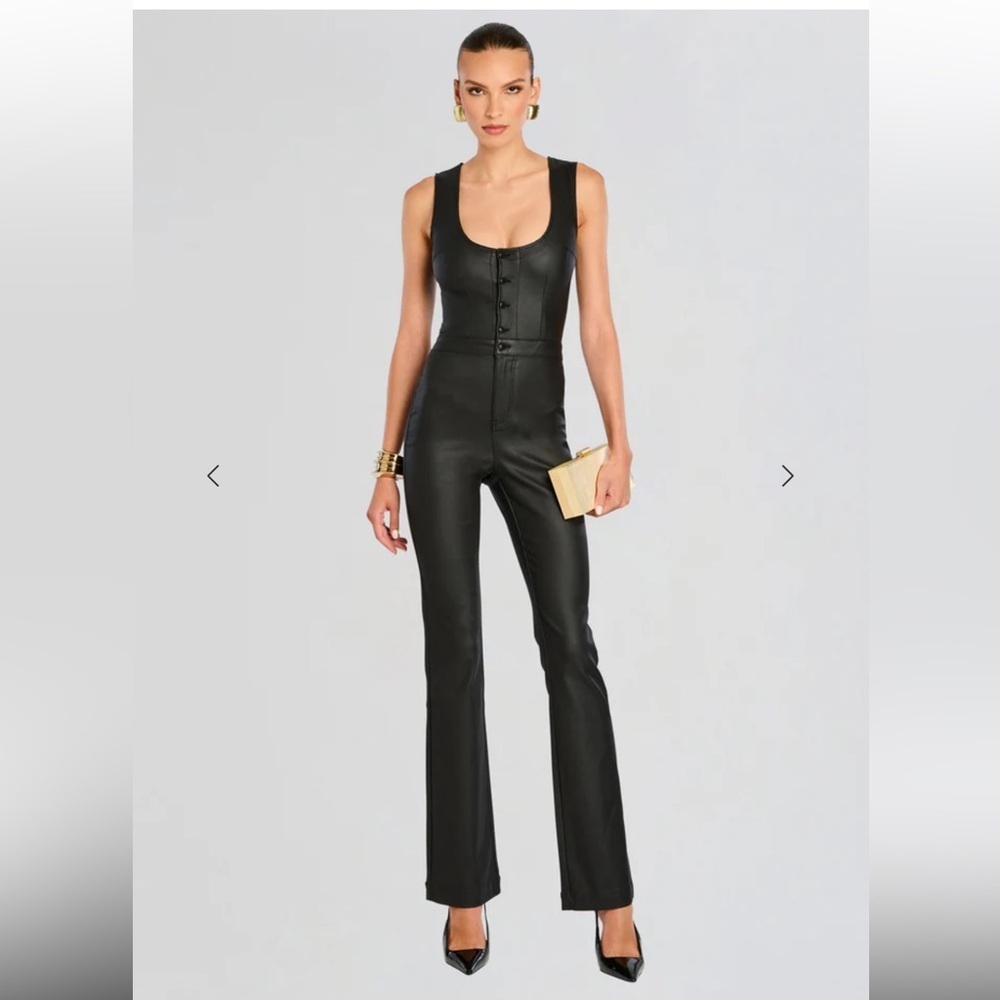 SER.O.YA MCKINNON COATED DENIM JUMPSUIT Black Button-Front one piece flares M